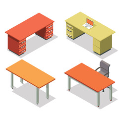 Isometric office furniture set including desks table, one chair. Orange yellow office tables drawers, modern design, isolated white background, stylish