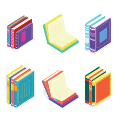 Isometric books vector illustrations set displaying various colorful covers designs. Educational material, isometric book stack, open textbook graphic. Bright primary colors, isolated white