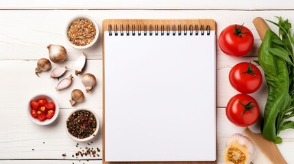 Recipe concept with fresh ingredients including tomatoes, garlic, and spices on a white wooden table with blank notepad for notes.