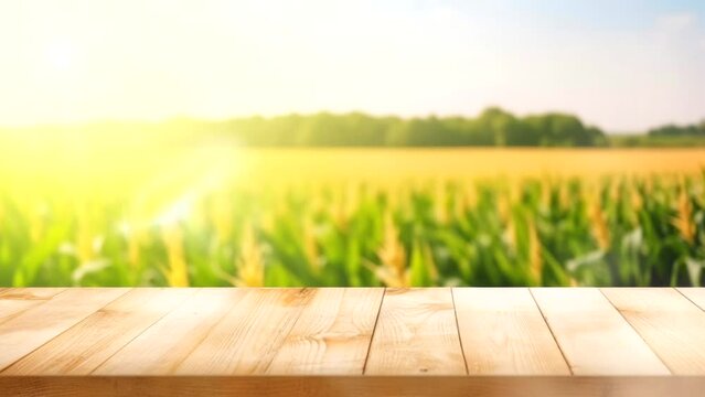 empty wooden table with green corn farm background video looping for display