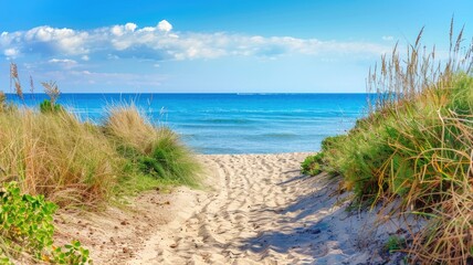 Sandy path through dunes leads to tranquil blue sea under clear sky