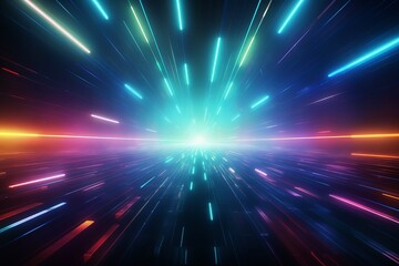 Vibrant abstract background with dynamic neon light streaks creating a futuristic, high-speed warp effect, perfect for technology visuals.