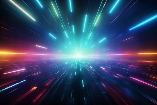 Vibrant abstract background with dynamic neon light streaks creating a futuristic, high-speed warp effect, perfect for technology visuals.