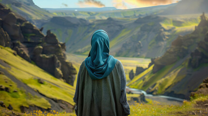 Muslim European woman travel. Breathtaking Mountain Landscape