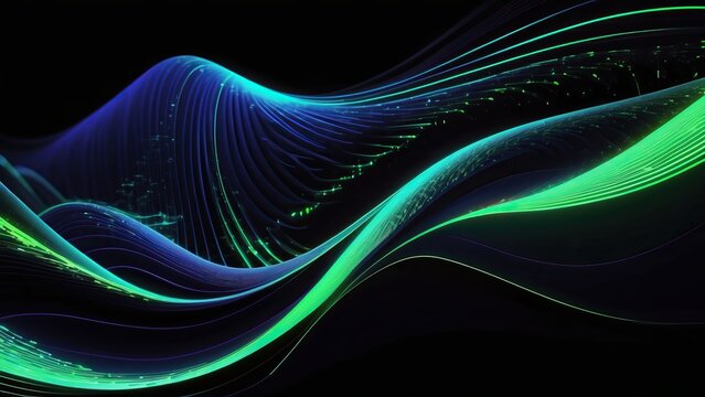 Abstract periwinkle and green waves on black background, digital and futuristic
