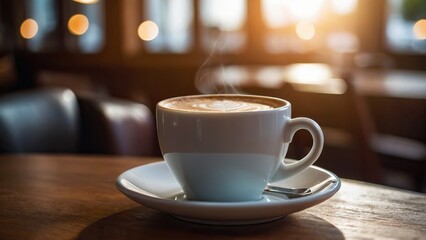 Fototapeta premium A white cup of coffee on a cozy cafe table with a soft focus and warm atmosphere