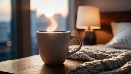A white cup of coffee on a bedside table in a cozy bedroom with soft morning light
