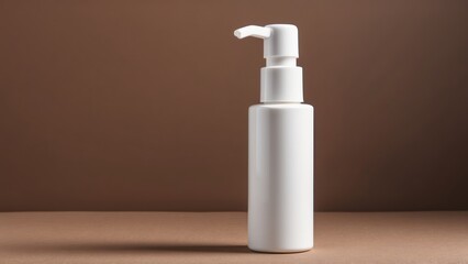 Plain white cosmetic pump bottle against a brown background, modern and elegant