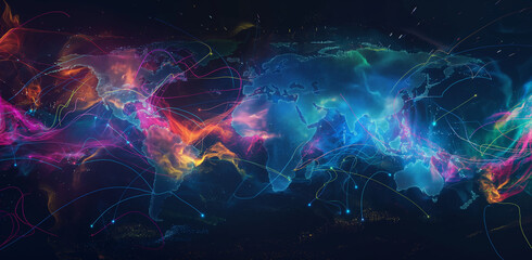 a colorful world map with glowing lines connecting different parts of the Earth, representing global connectivity and data transfer across multiple continents
