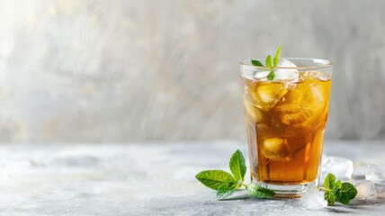 Refreshing iced tea with mint leaves, ice cubes, and garnish