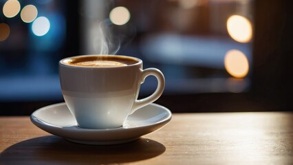 Fototapeta premium Cozy modern cafe scene with a steaming cup of espresso on a wooden table, warm lighting