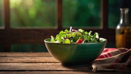 Bowl of fresh green salad in a bowl on a rustic wooden table under natural light