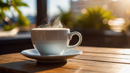 Obraz premium White cup of coffee on a sunlit patio table with a warm, inviting atmosphere