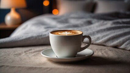 Obraz premium A white cup of coffee on a bedside table in a cozy bedroom with soft morning light