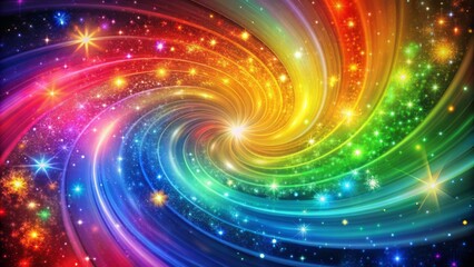  The image is a colorful spiral galaxy with bright stars. The colors are red, orange, yellow, green, blue, and purple. The spiral arms are made of stars and dust. 