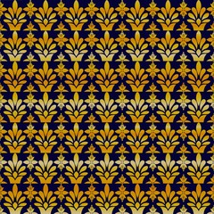 Symmetrical Yellow golden Floral Pattern on Dark Blue Background - Ornamental Textile Design.