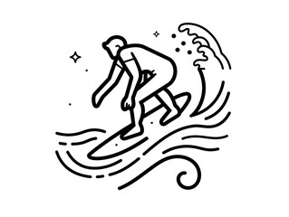 Line art icon illustration of a surfer riding a wave