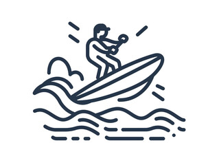 Line art icon illustration of a surfer riding a wave