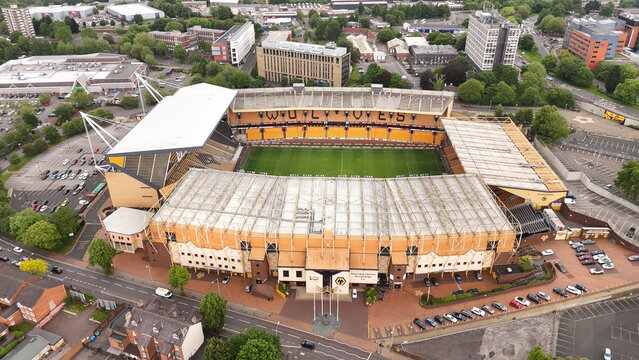 Wolverhampton Stadium from above Flight over the Molineux Stadium - WOLVERHAMPTON, ENGLAND - MAY 23, 2024