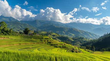 Obraz premium Beautiful Terraced Paddy Field Hillside Scenery for Commercial Use