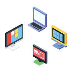 Isometric electronic devices displayed featuring desktop monitor, laptop, two additional monitors different screen graphics. Colorful isometric computer monitor equipment, technology theme