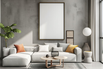 Modern Japandi Living Room Interior with Vertical A0 Frame Mockup