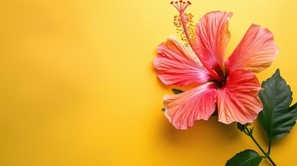Bright pink hibiscus flower with green leaves on yellow background - Powered by Adobe