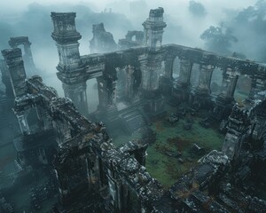 Mystical ruins emerging from the morning mist, wide-angle shot with foggy background, capturing the ethereal atmosphere and ancient architecture, enchanting and mesmerizing.