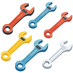 Six wrenches angled diagonally across view, different color red, orange, blue, yellow, light blue, grey. Isometric design adjustable wrenches representing tools, repair, construction themes. Tools