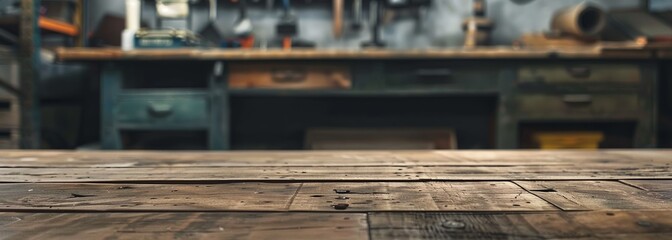 Wooden table in workshop studio. Workshop background