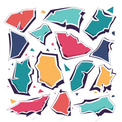 Fototapeta premium Abstract geometric shapes scattered dynamic pattern, colorful artistic backdrop. Modern creative pop art comic book style texture, vibrant colors. Retro funky design, cartoon explosion effect