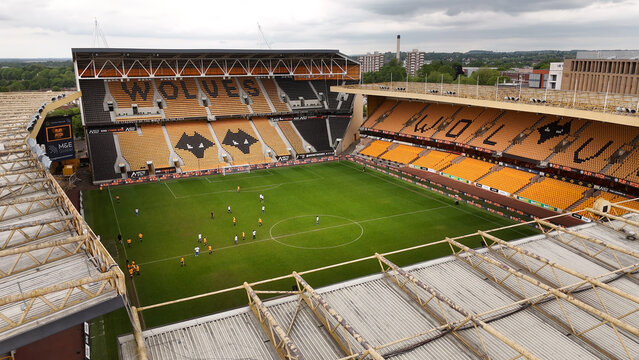 Wolverhampton Stadium from above Flight over the Molineux Stadium - WOLVERHAMPTON, ENGLAND - MAY 23, 2024
