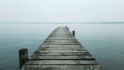 Obraz premium Wooden pier extends into calm, misty lake