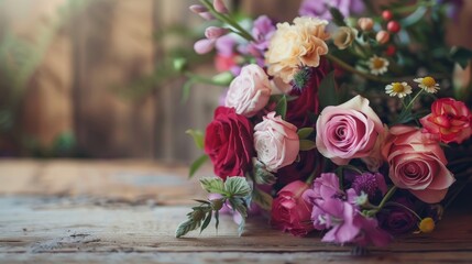 flower shop concept. Close-up beautiful lovely bouquet of mixed flowers on wooden table. Wallpaper 