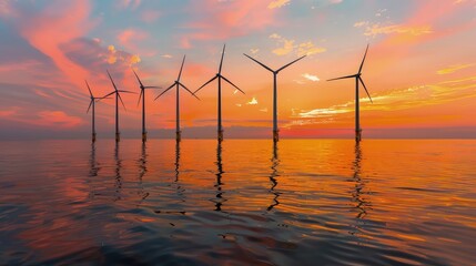 sunset behind an offshore wind farm, with turbines silhouetted against a vibrant orange and pink sky reflecting on calm sea waters.