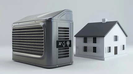 air conditioning unit with a digital display, showing temperature settings, placed beside a house model to illustrate home climate control.
