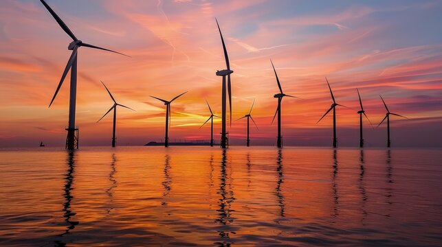 An image of a sunset behind an offshore wind farm, with turbines silhouetted against a vibrant orange and pink sky reflecting on calm sea waters.
