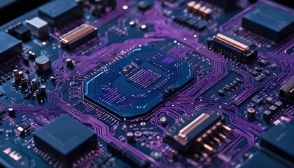 Obraz premium A close-up shot of intricate, glowing circuitry embedded in a sleek, dark blue and purple device, showing fine details and modern technology.