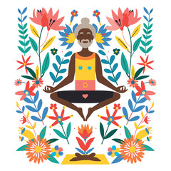 Elderly African woman meditating peacefully amidst vibrant flowers. Woman practicing yoga lotus position surrounded colorful botanicals. Meditative state senior lady, radiant floral backdrop yoga