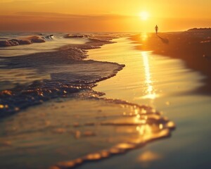 Solitary Figure Walking on Sandy Beach at Sunset