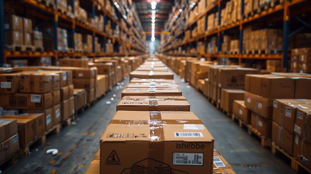 An old industrial warehouse with shelves and boxes filled with books and storage items