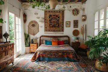 Cozy bohemian-style bedroom, bed rattan headboard, colorful throw pillows patterned duvet cover, macrame, vintage wooden dresser, potted palm, area rug pattern, bedside tables with mismatched lamps.