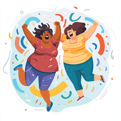 Naklejka premium Two women celebrating joyously, surrounded colorful confetti. Both women appear happy jumping excitement. Casual attire, expressive faces, dynamic pose suggest festive victorious moment