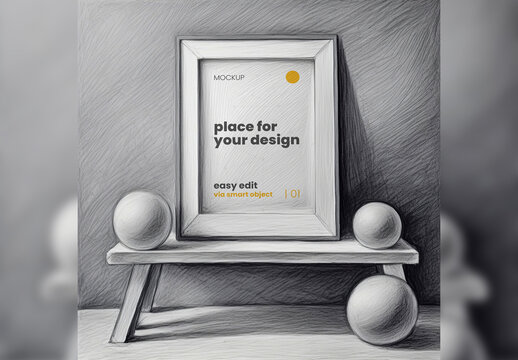Poster Frame Mockup illustrated graphite pencil balls Generative Ai