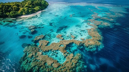Fototapeta premium Aerial view of a coral atoll surrounded by clear water