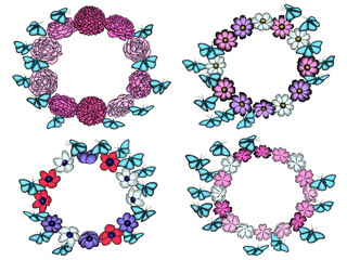 Circle frames decorated with colorful flowers and butterflies isolated on transparent background, botanical illustration 