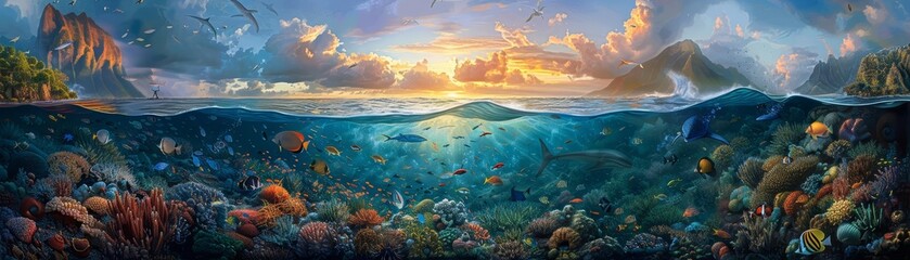 Artistic depiction of an ocean teeming with life