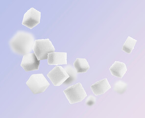 Refined sugar cubes in air on color background