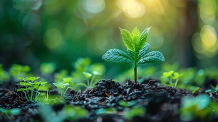 A Young Sapling Growing in Rich Soil With Sunlight Filtering Through the Forest Canopy