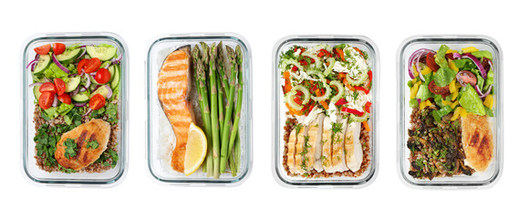 Different delicious meals in containers isolated on white, top view. Healthy diet